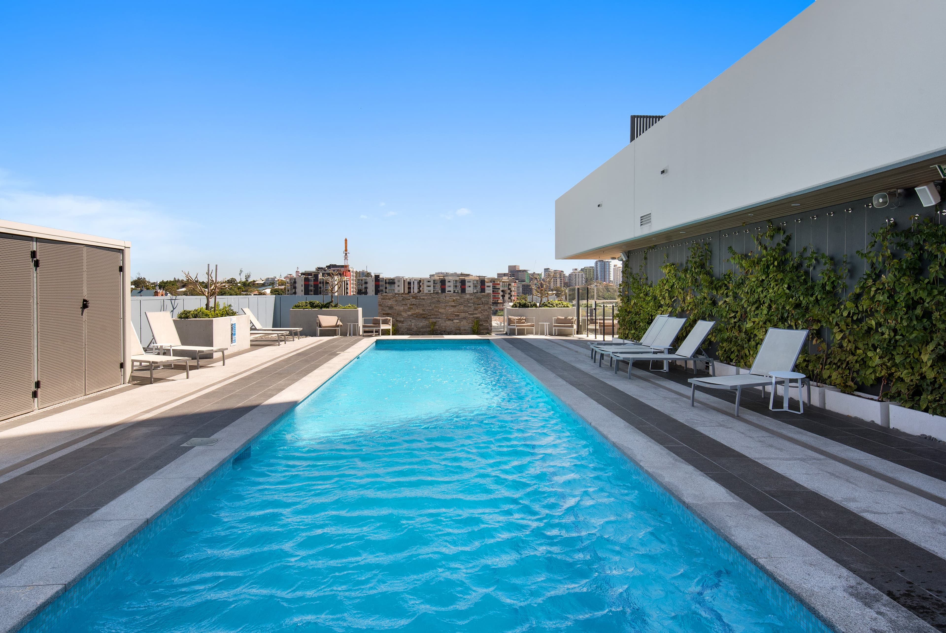 Rooftop pool with the inner-Brisbane skyline behind it